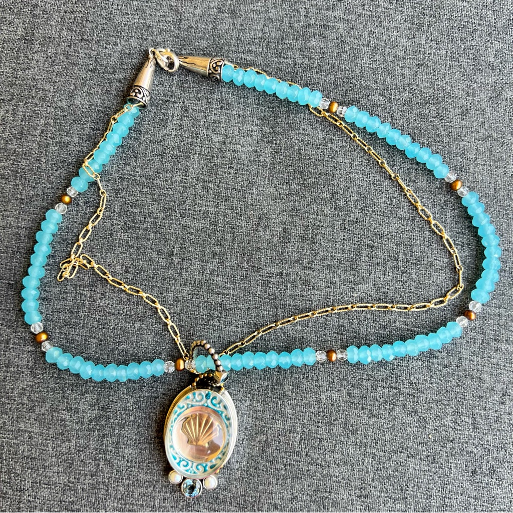 Mars And Valentine Aquamarine Beaded Necklace With Shell Pendant Gold Accents